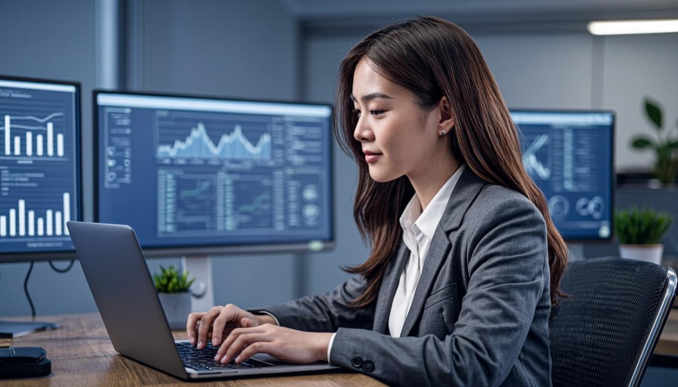 Small business owner reviewing an AI dashboard with analytics and automation tools