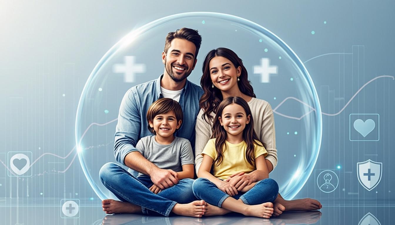 Family protected under a digital healthcare shield symbolizing secure future and modern insurance technology for comprehensive family coverage