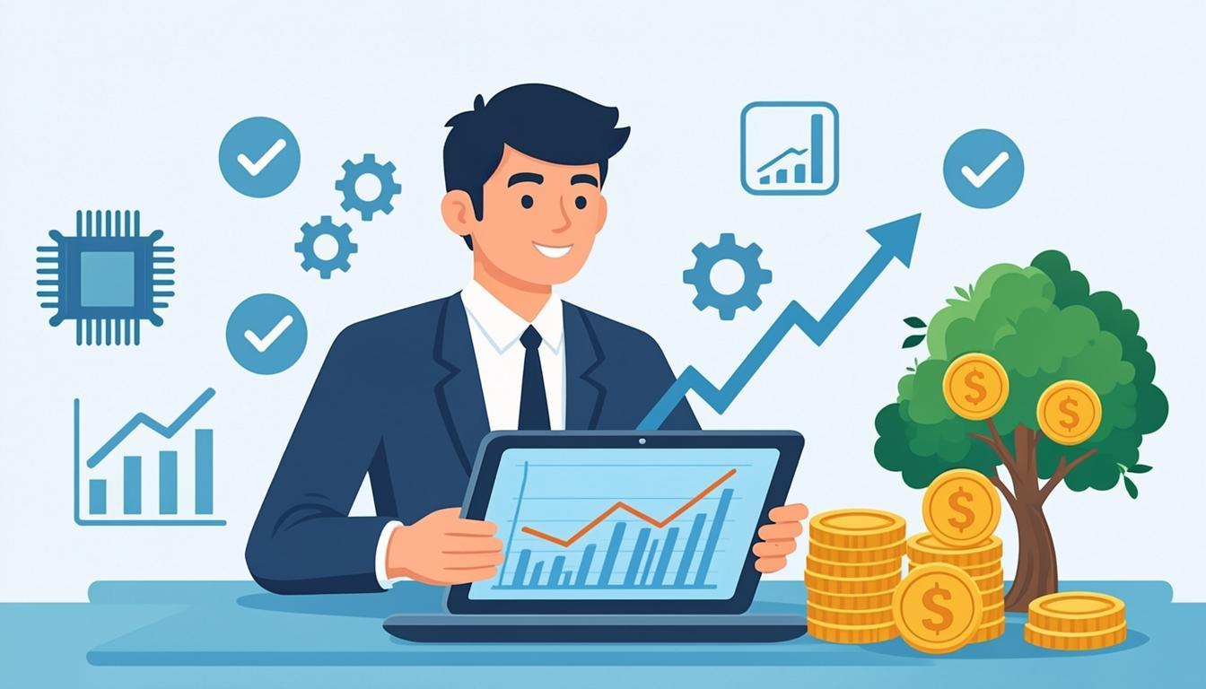 Conceptual illustration of long-term financial growth with rising stock market trends and modern fintech technology
