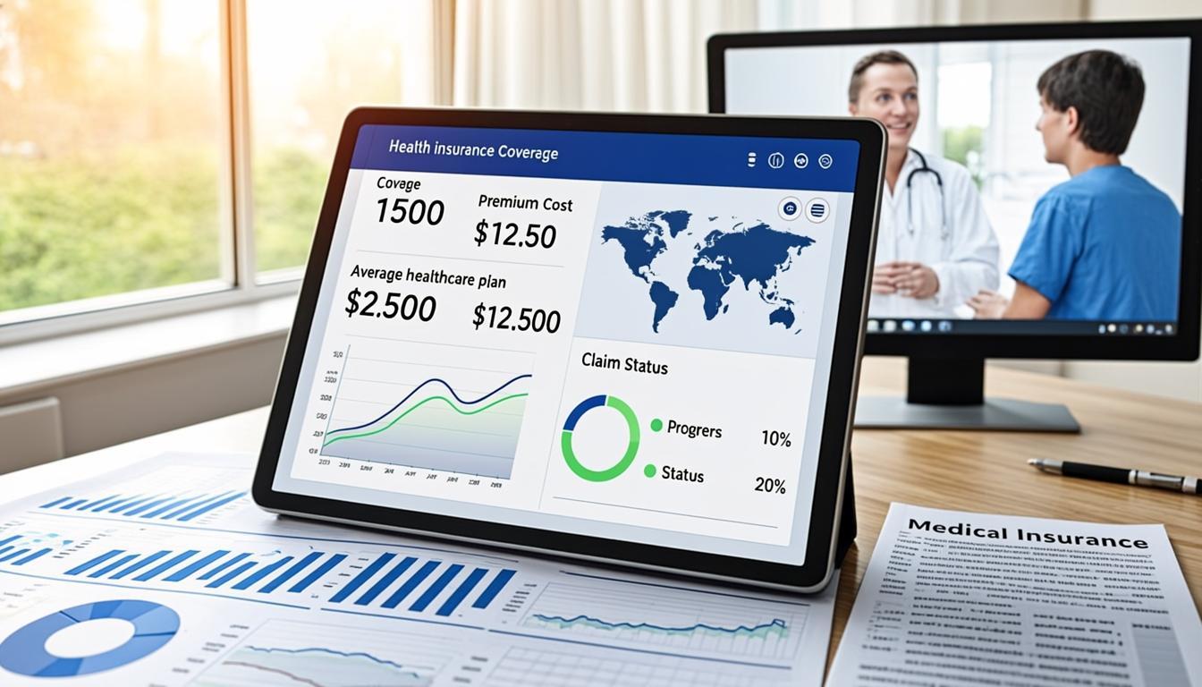 Health insurance digital dashboard showing coverage plans, premium costs, provider network and medical documents with doctor-patient technology interaction