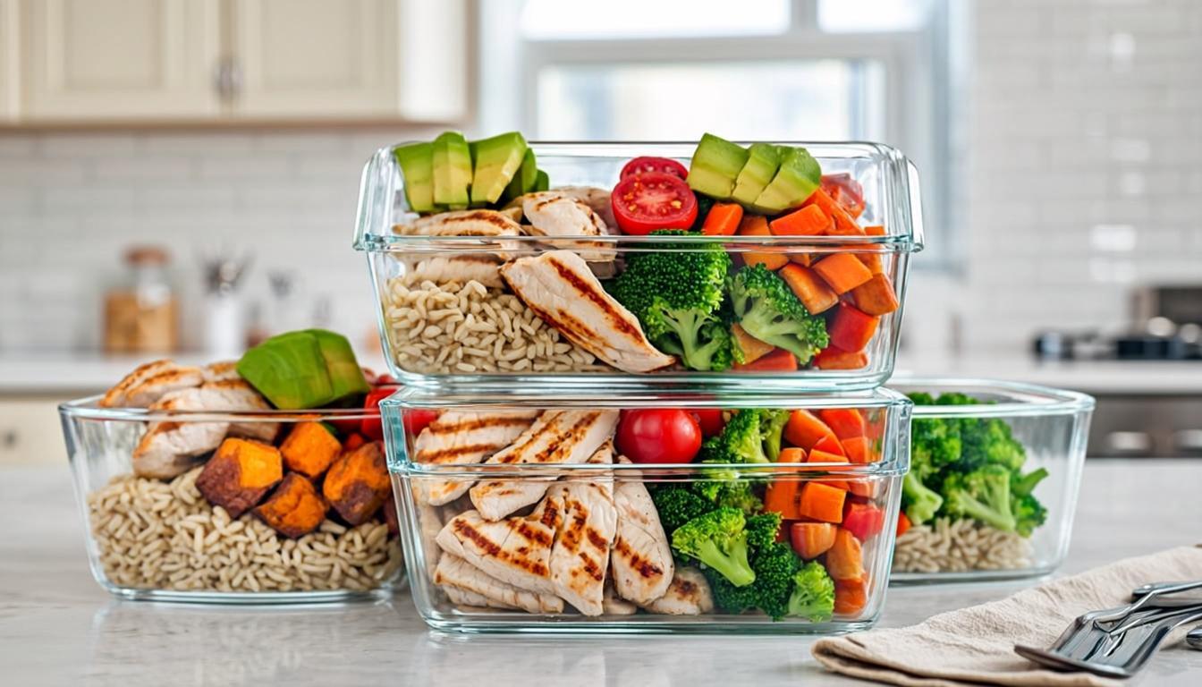 Colorful meal prep containers filled with balanced portions of grilled chicken, roasted vegetables, brown rice and fresh salad for healthy weight loss
