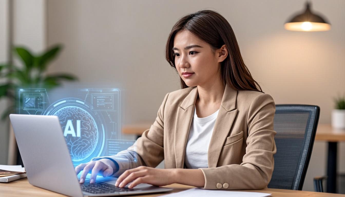 Modern small business owner using AI technology on a laptop in a bright office