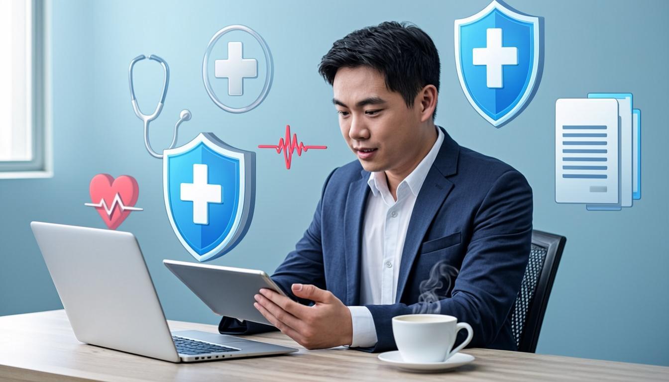 Person comparing health insurance plans on a digital device with medical symbols, financial protection shield and healthcare technology concept