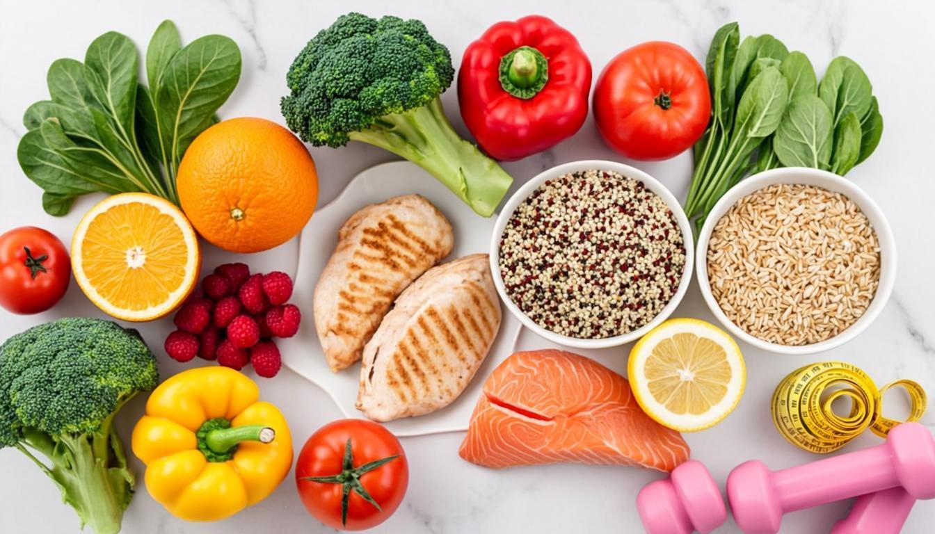 Fresh healthy food ingredients including vegetables, fruits, lean protein and whole grains arranged on a clean surface representing healthy weight loss