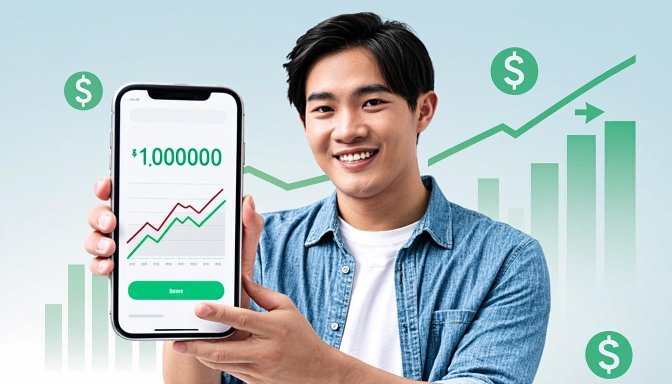 Beginner using a smartphone investment app with stock charts, portfolio dashboard and digital investing interface