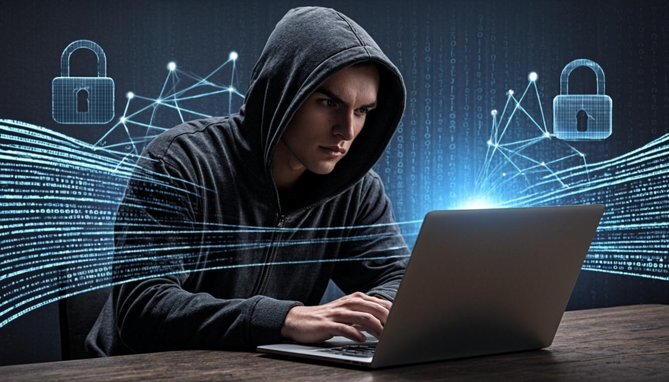 Person using laptop with VPN digital privacy shield and cybersecurity encryption technology in a modern workspace