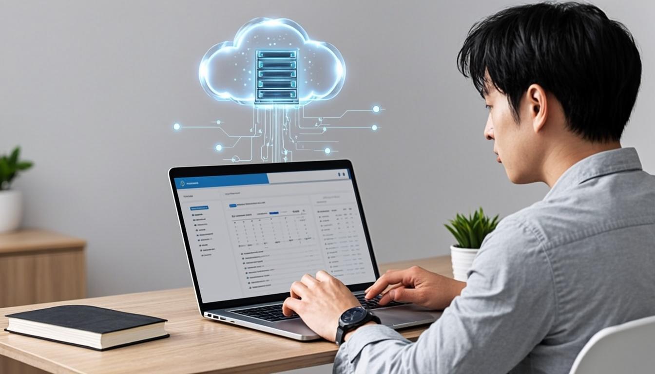 Beginner choosing website hosting on a modern laptop with cloud server icons and a clean workspace