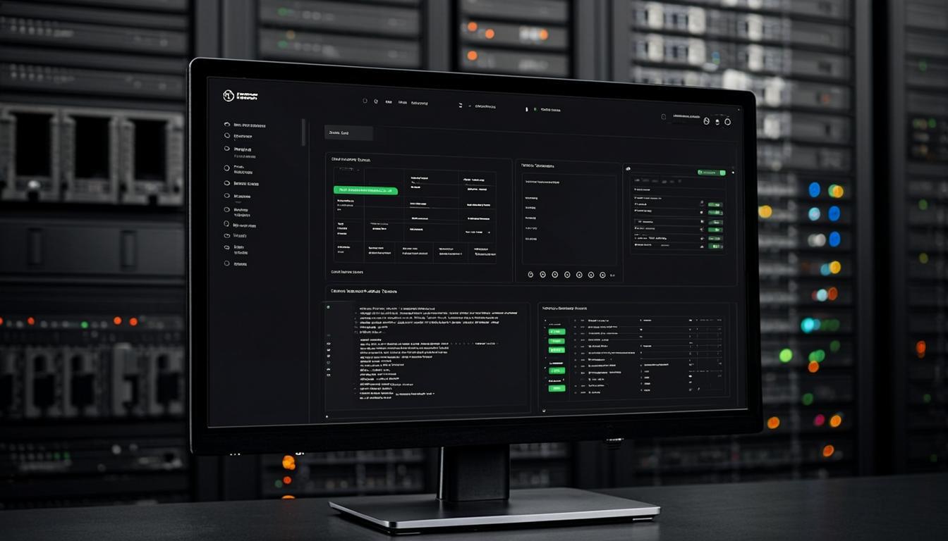 Website hosting control panel dashboard showing server status, uptime metrics and domain management
