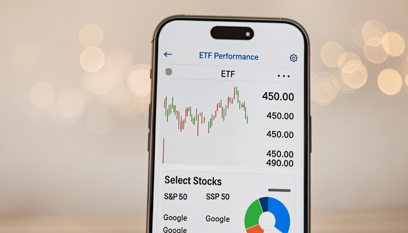 Mobile investment app dashboard showing stock market charts, ETF performance, watchlist and portfolio allocation