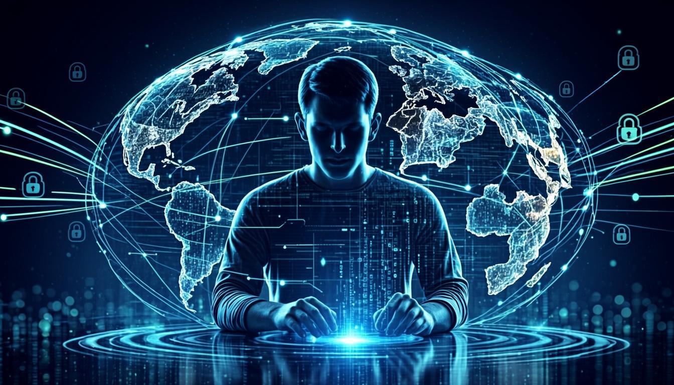 Secure digital lifestyle concept with global VPN network, encrypted data streams and online privacy protection symbols