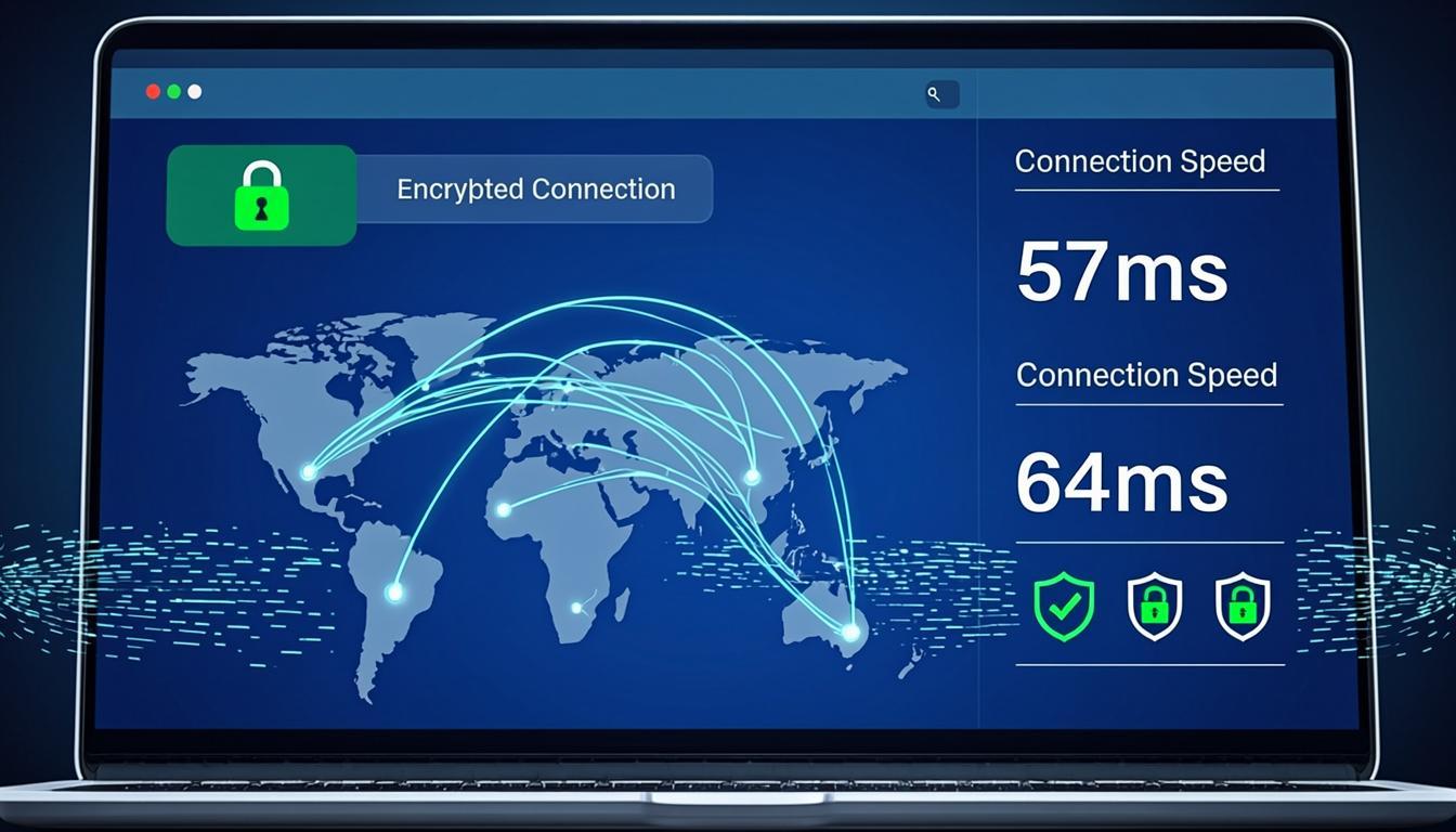 VPN application dashboard showing encrypted connection status, global server map with connected nodes and connection speed metrics