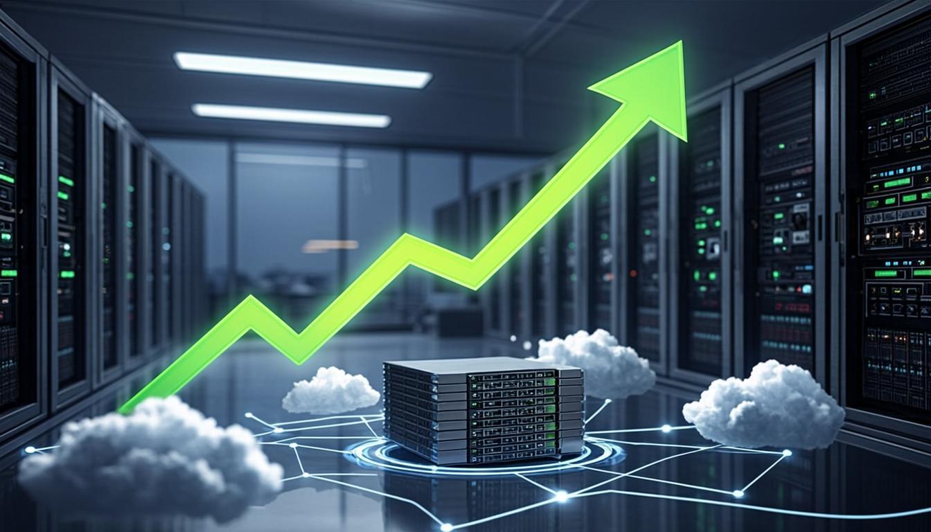 Conceptual illustration of website growth and online business success with server infrastructure and upward trends